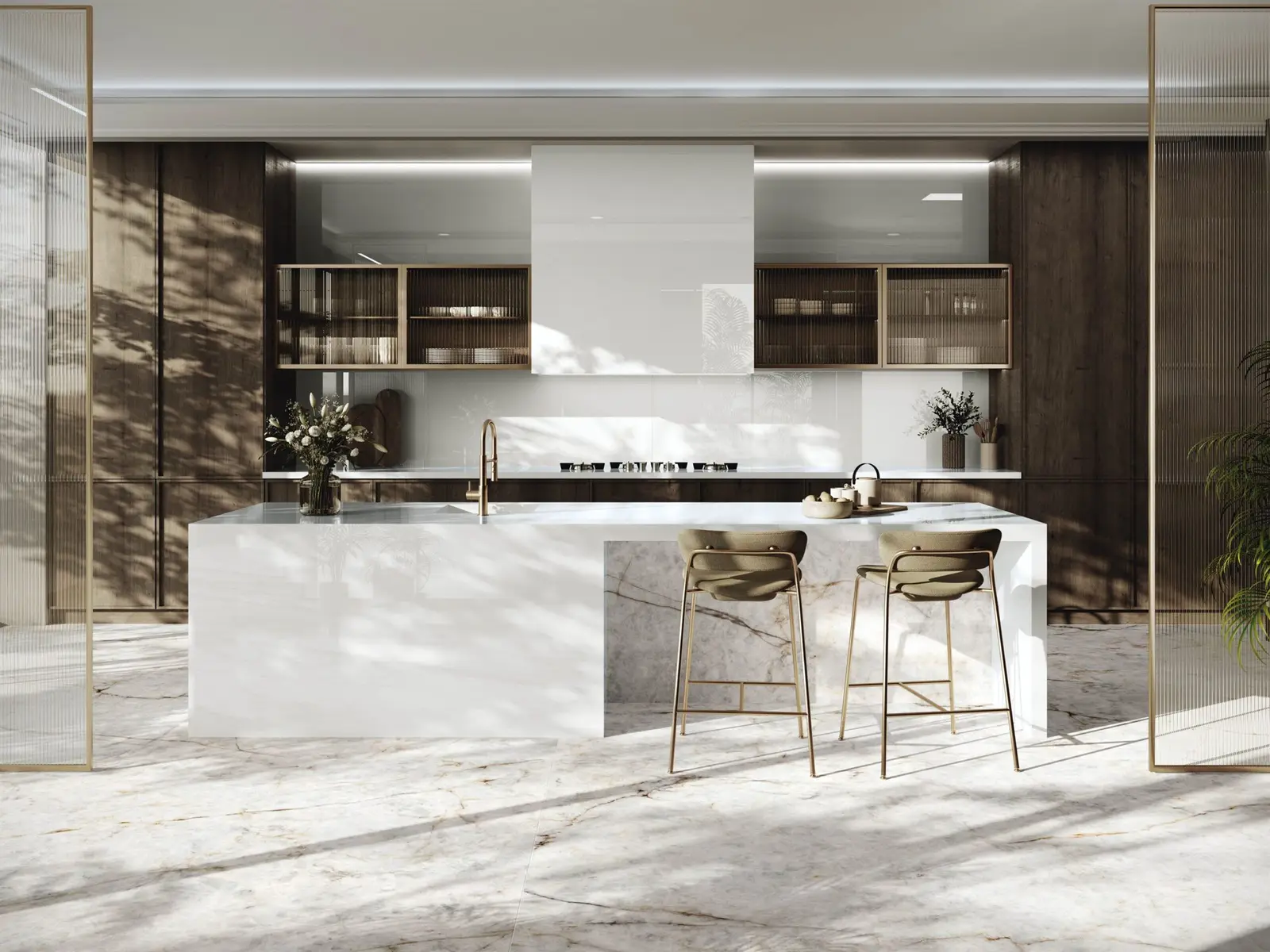 Kitchen island and floor in white marble-look stone, with timber cabinetry